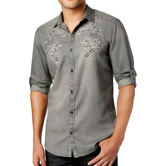I.N.C Mens Embroidered Bengal Tiger Button Up Shirt, Grey, Large