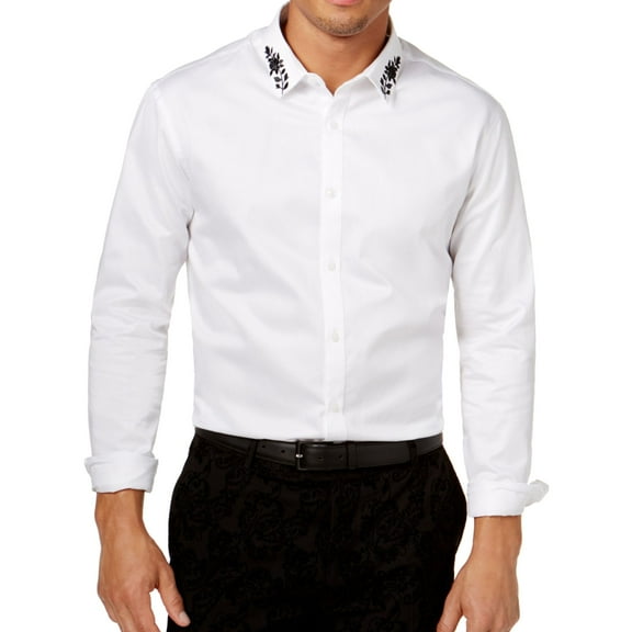 I.N.C Mens Embroidered Button Up Shirt, White, XX-Large