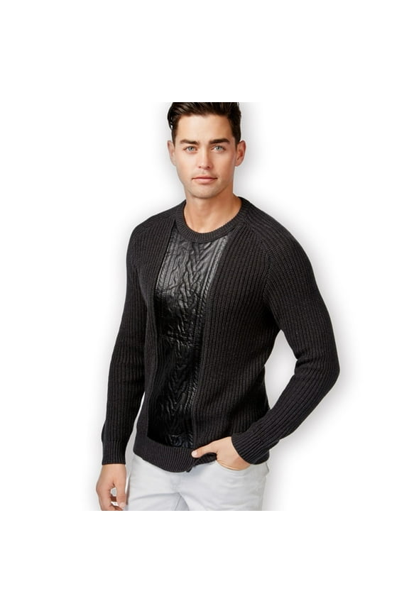 I.N.C Mens Faux Leather Cable Knit Pullover Sweater, Grey, Medium