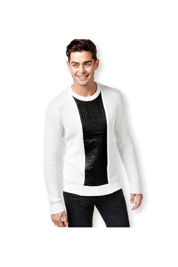 I-N-C Mens Faux Leather Cable Knit Pullover Sweater, Grey, Small