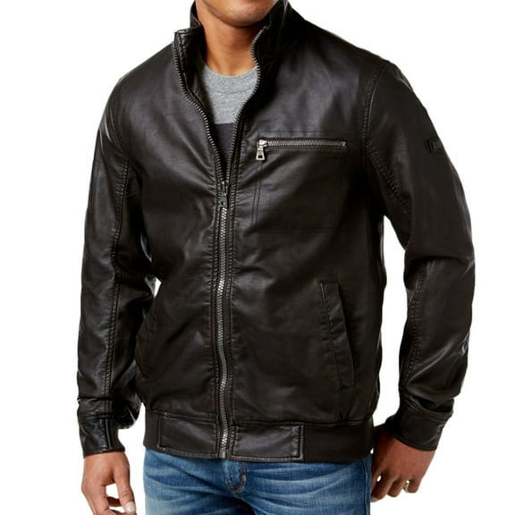 I.N.C Mens Faux Leather Motorcycle Jacket, Brown, Small