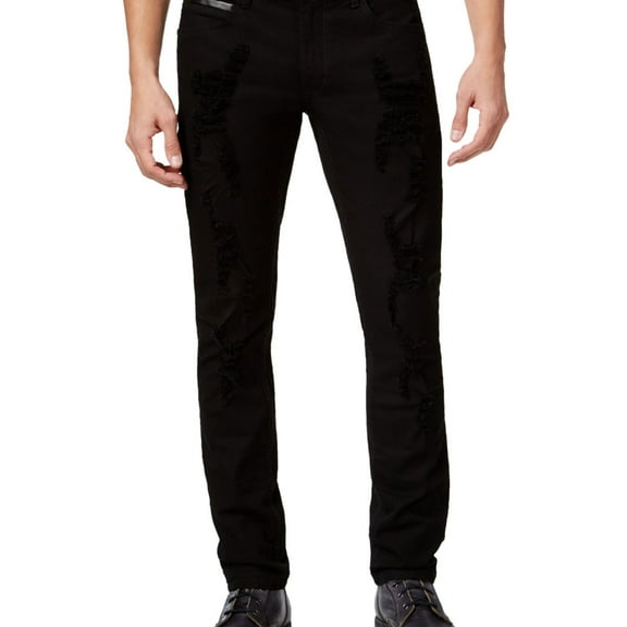I.N.C Mens Faux Leather Trim Skinny Fit Jeans, Black, 34W x 34L
