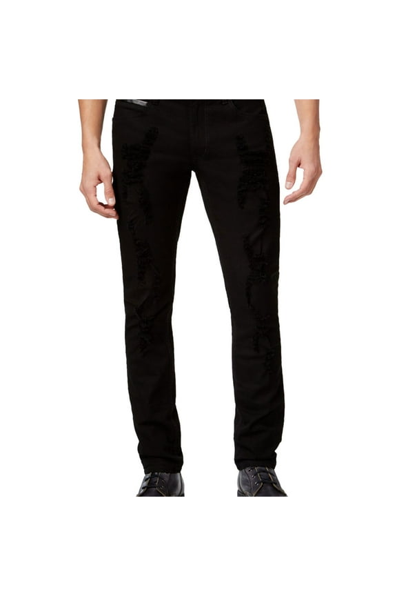 I.N.C Mens Faux Leather Trim Skinny Fit Jeans, Black, 34W x 34L
