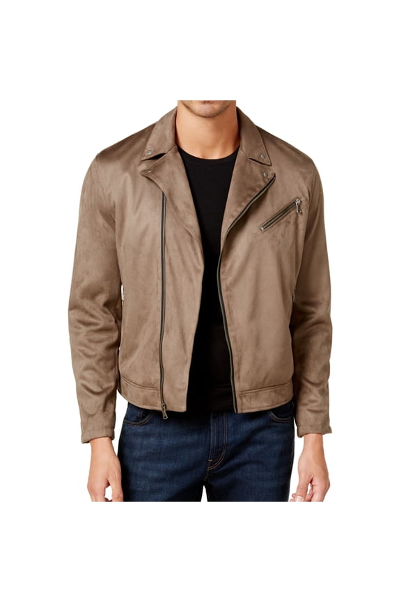 I.N.C Mens Faux Suede Motorcycle Jacket, Beige, Large