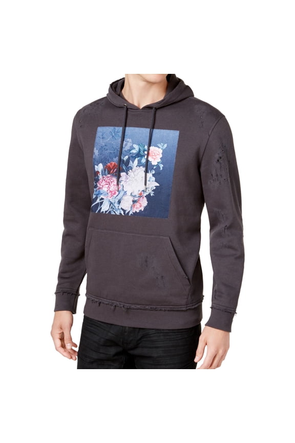 I.N.C Mens Floral Hoodie Sweatshirt, Grey, Large