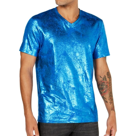 I.N.C Mens Foil Coated Embellished T-Shirt, Blue, X-Large