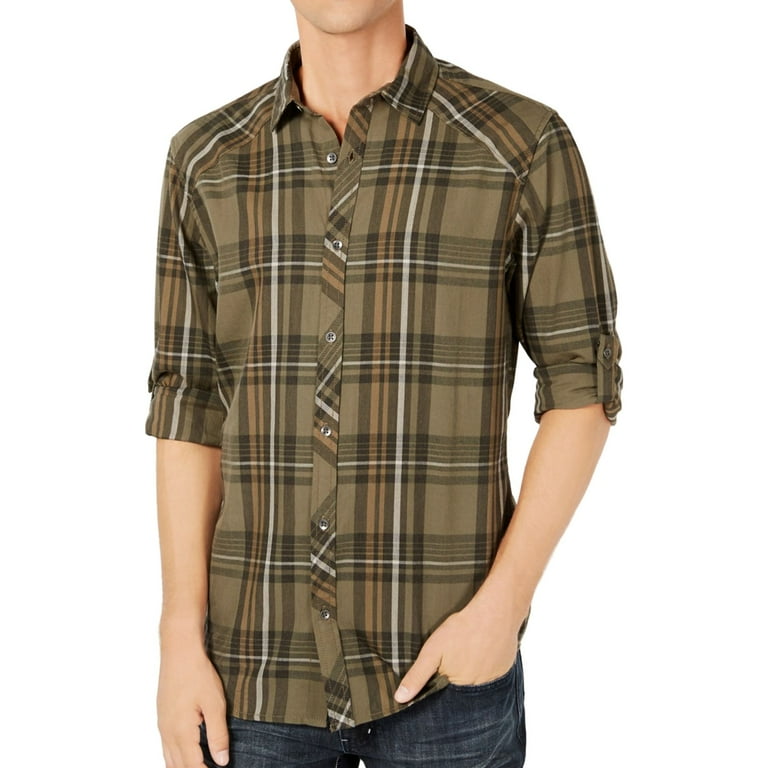 Mens Plaid Button Up Shirt, Green, Small
