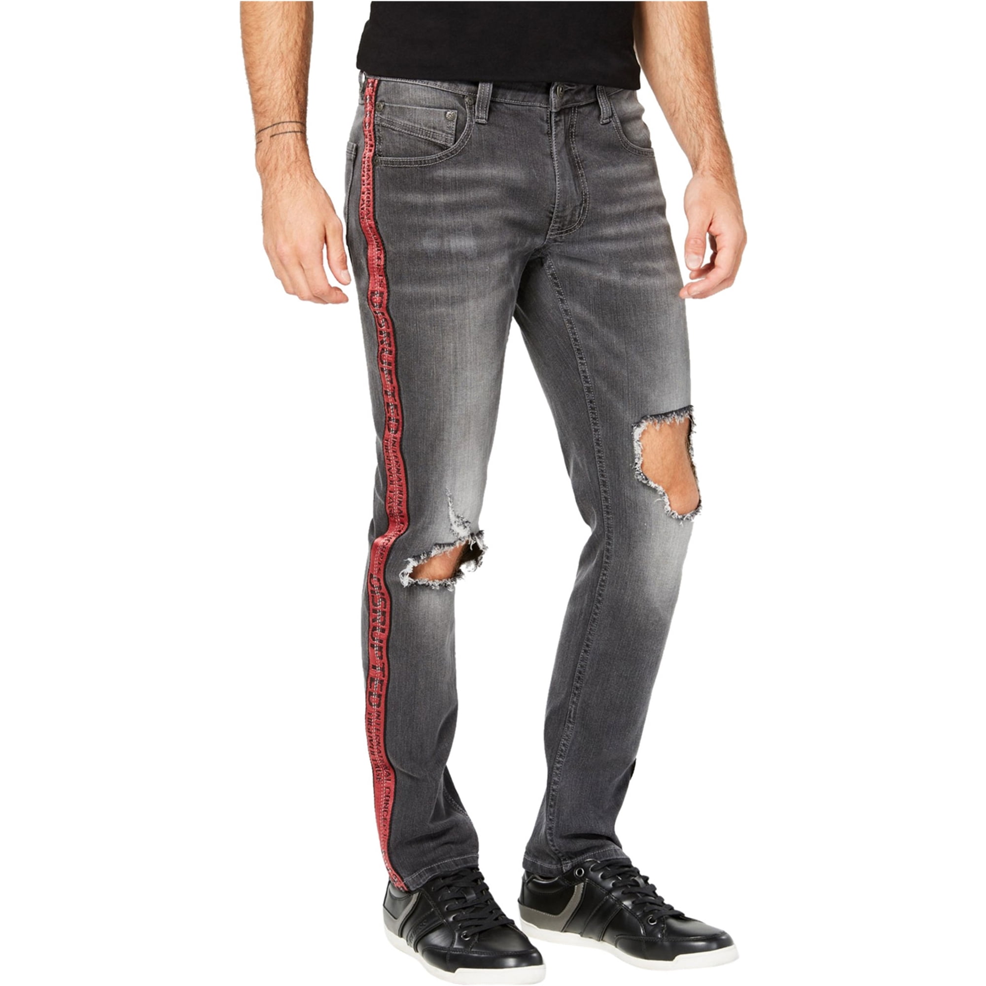 I N C Mens Ripped Side Stripe Skinny Fit Jeans Grey 33W x 30L