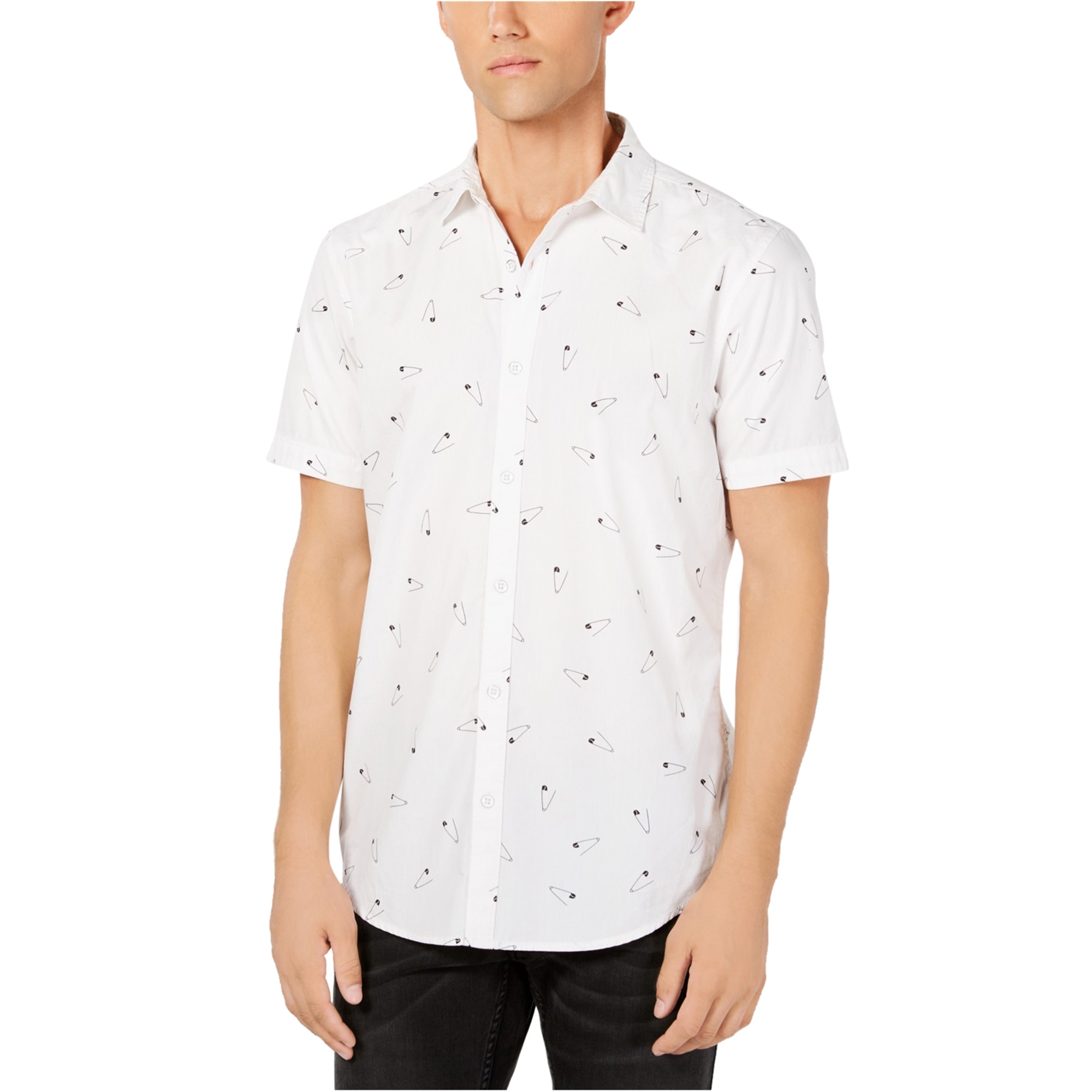 INC Mens Safety Pin Print Button Up Shirt, White, XXXLarge