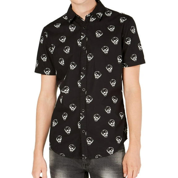 I.N.C Mens Skull Button Up Shirt, Black, X-Small