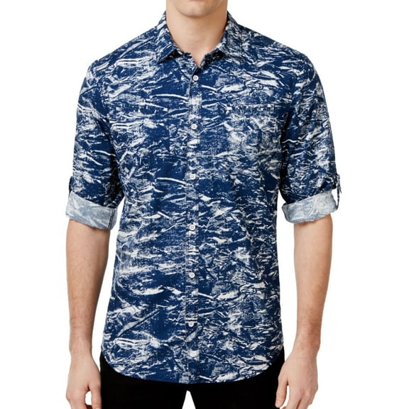 I.N.C Mens Splatter Button Up Shirt, Blue, XX-Large