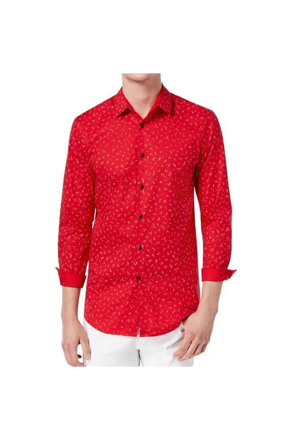 I-N-C Mens Stretch Wheat-Print Button Up Shirt, Red, Small