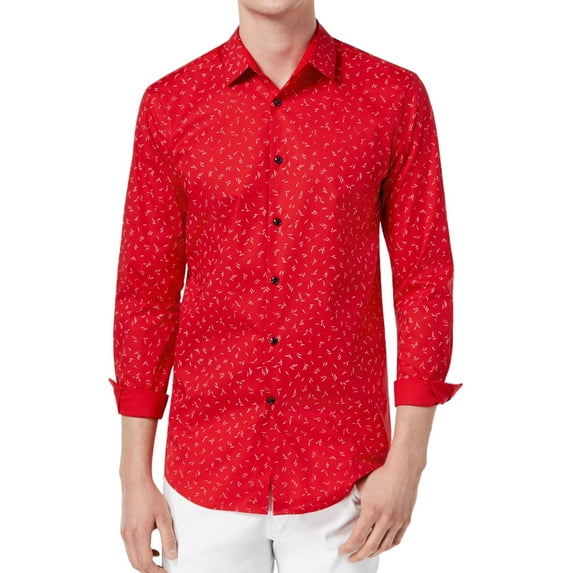 I-N-C Mens Stretch Wheat-Print Button Up Shirt, Red, Small