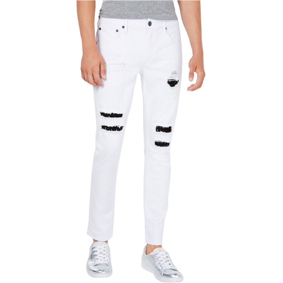 I-N-C Mens Studded Repair Skinny Fit Jeans, White, 32W x 32L