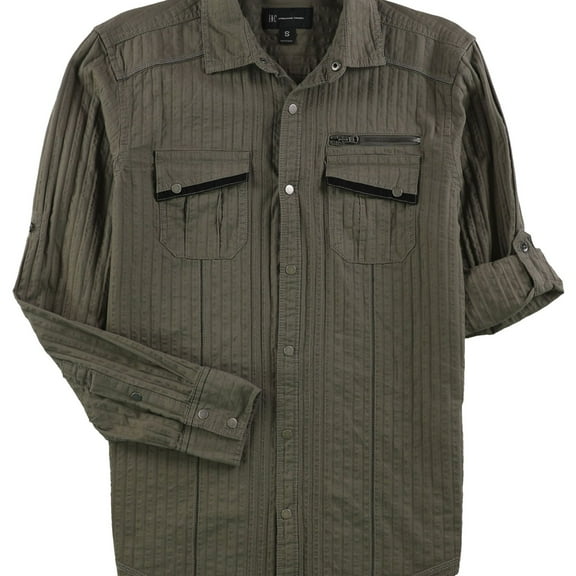 I.N.C Mens Textured Utility Button Up Shirt, Grey, Medium