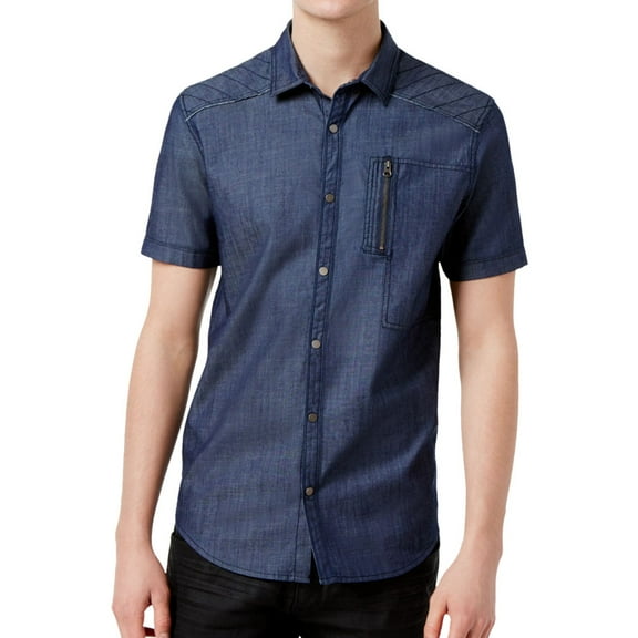 I-N-C Mens Top-Stitched Button Up Shirt, Blue, Medium