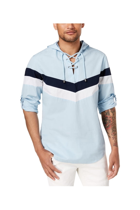 I.N.C Mens Two Striped Hooded Hoodie Sweatshirt, Blue, Small