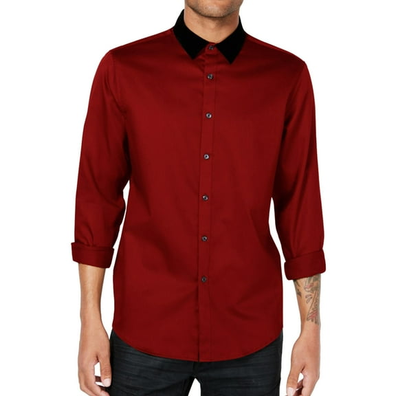 I.N.C Mens Velvet Collar Button Up Shirt, Red, Small