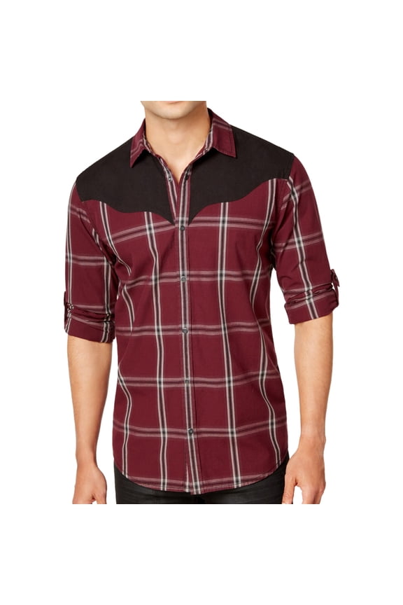 I.N.C Mens Western Plaid Button Up Shirt, Red, Large