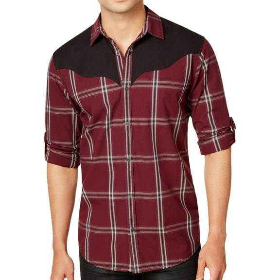 I-N-C Mens Western Plaid Button Up Shirt, Red, X-Small