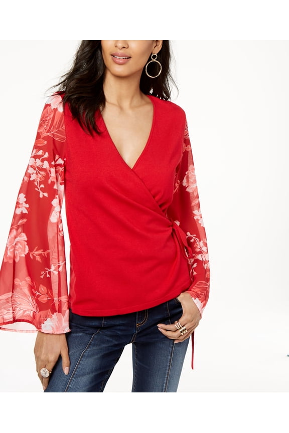 I.N.C. Mesh-Sleeve Wrap Sweater Real Red 2XL