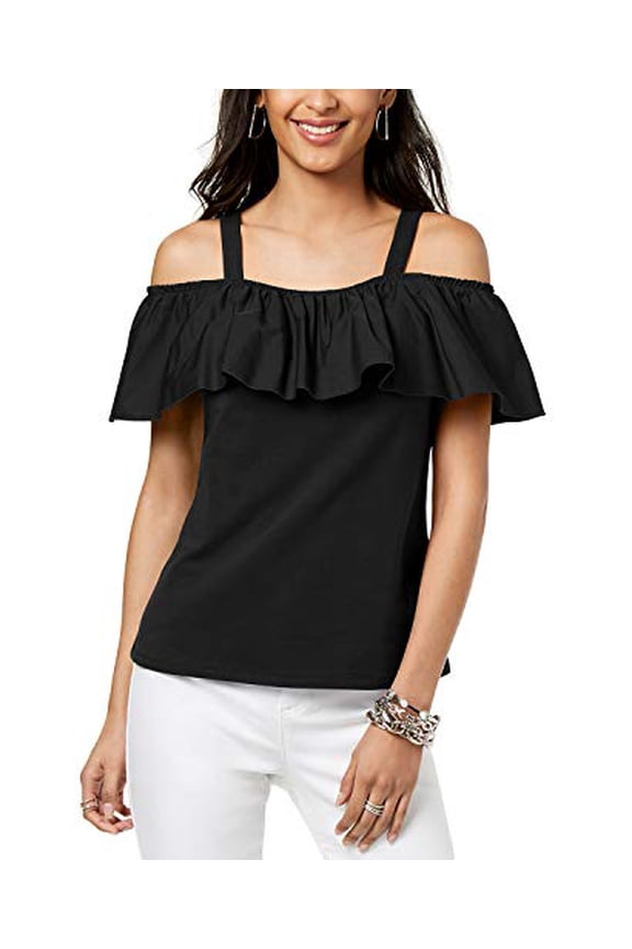 I.N.C. Petite Cold-Shoulder Ruffle Top Deep Black PS