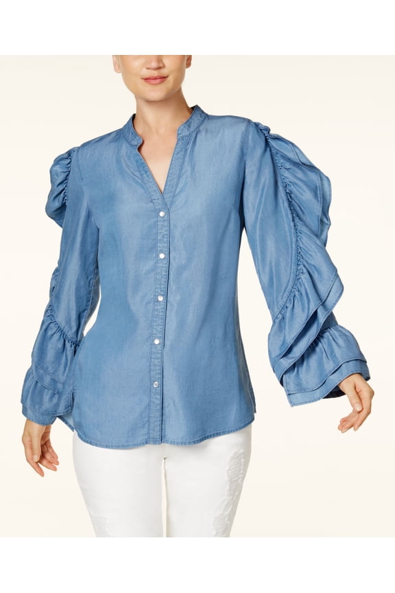 I.N.C. Ruffled Chambray Shirt Womens shirt MSRP $117 Blue 4