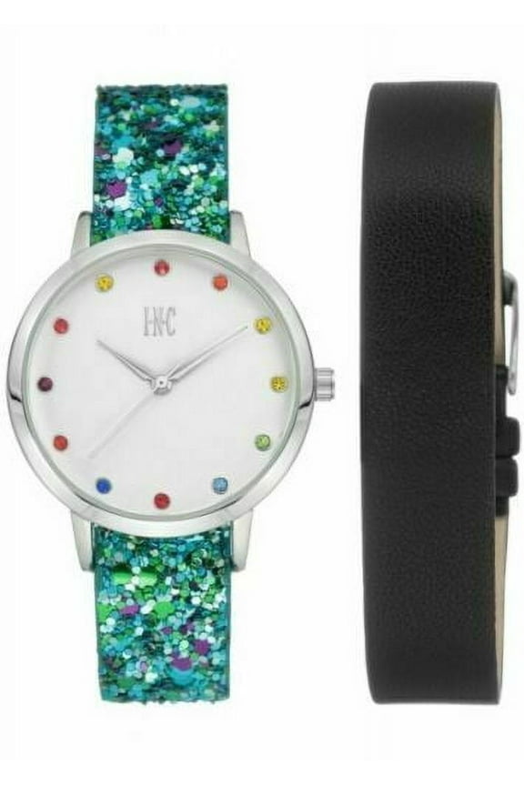 I.N.C. Women's Blue Glitter Black Faux Leather Interchangeable Strap Watch 36mm