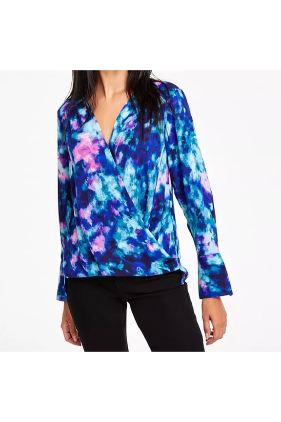 I.N.C Women's Blue Tie-Dye Print Surplus Top Long Sleeves Small