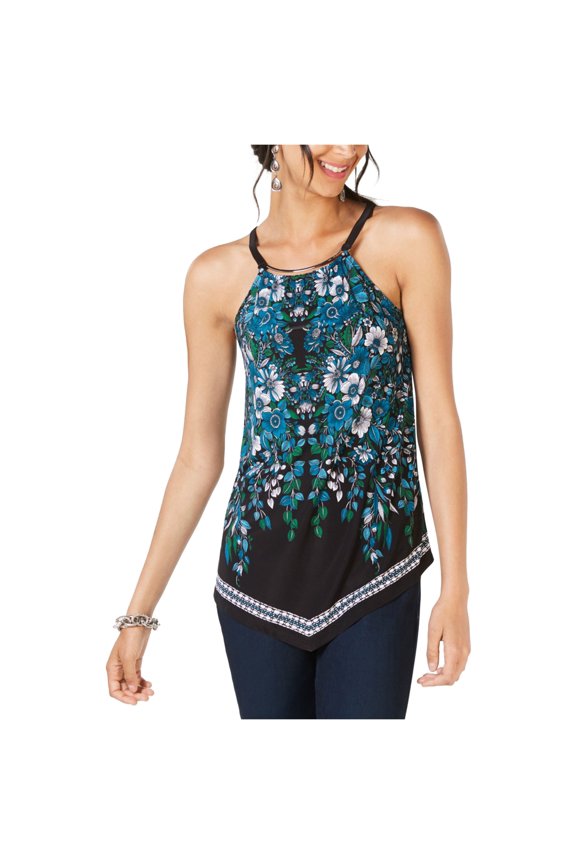 Womens Asymmetrical Hardware Sleeveless Blouse Top, Blue, Large