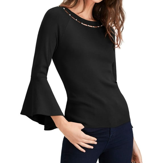 I.N.C Womens Beaded-Neck Pullover Blouse, Black, Large