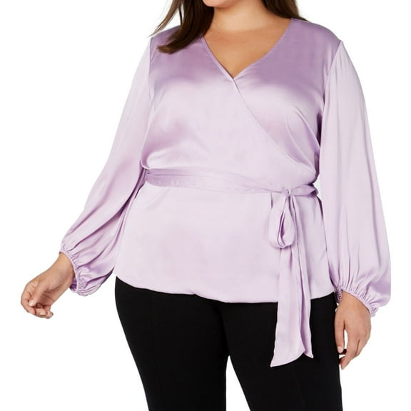 I.N.C. Womens Plus Size Belted Blouson-Sleeve Wrap Blouse Lilac Moon 0X