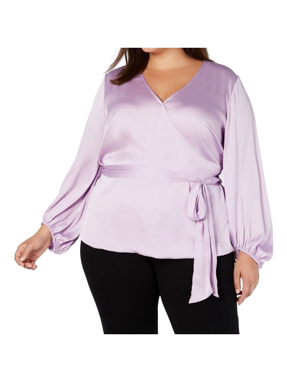 I.N.C Womens Belted Blouson-Sleeve Wrap Blouse, Purple, Plus Size, 1X