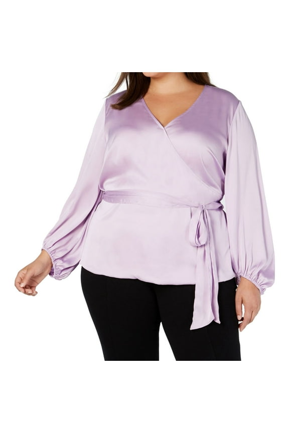 I.N.C Womens Belted Blouson-Sleeve Wrap Blouse, Purple, Plus Size, 3X
