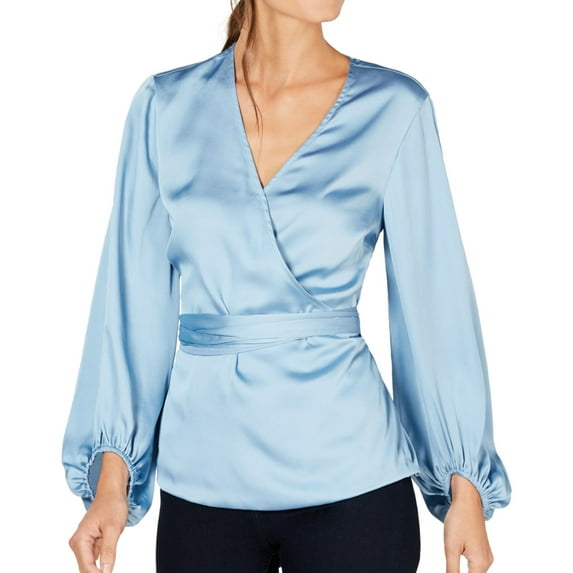 I.N.C Womens Blouson Sleeve Wrap Blouse, Blue, Petite, PP