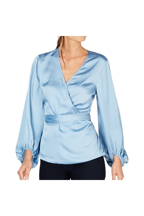I.N.C Womens Blouson Sleeve Wrap Blouse, Blue, Petite, PXL