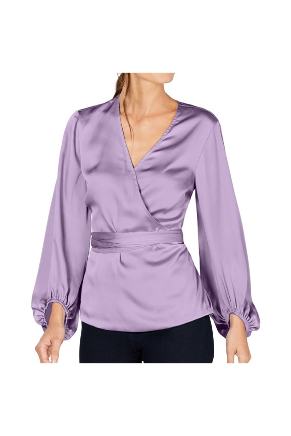 I.N.C Womens Blouson Sleeve Wrap Blouse, Purple, Medium