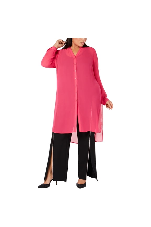Womens Button Front Tunic Blouse, Pink, 3X