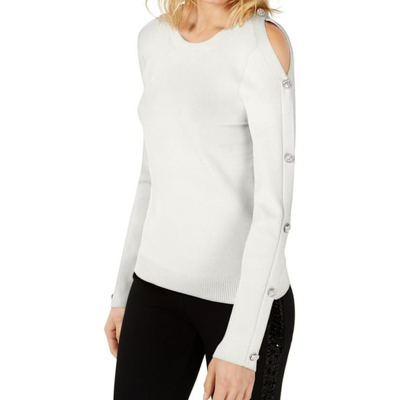 I.N.C Womens Buttoned Sleeve Pullover Sweater, White, Small