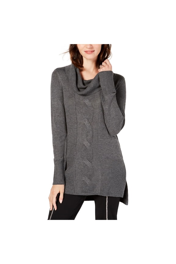 I.N.C Womens Cable Tunic Sweater, Grey, Large