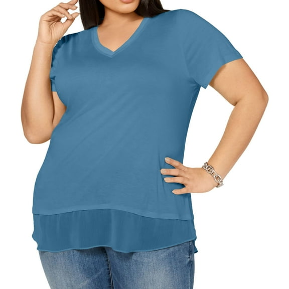 I.N.C Womens Chiffon Trim Tunic Blouse, Blue, Plus Size, 2X