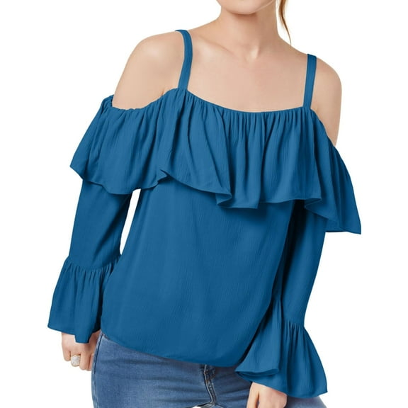 I.N.C Womens Cold Shoulder Ruffled Pullover Blouse, Blue, XX-Large