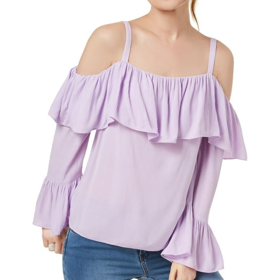 I.N.C Womens Cold Shoulder Ruffled Pullover Blouse, Purple, X-Small