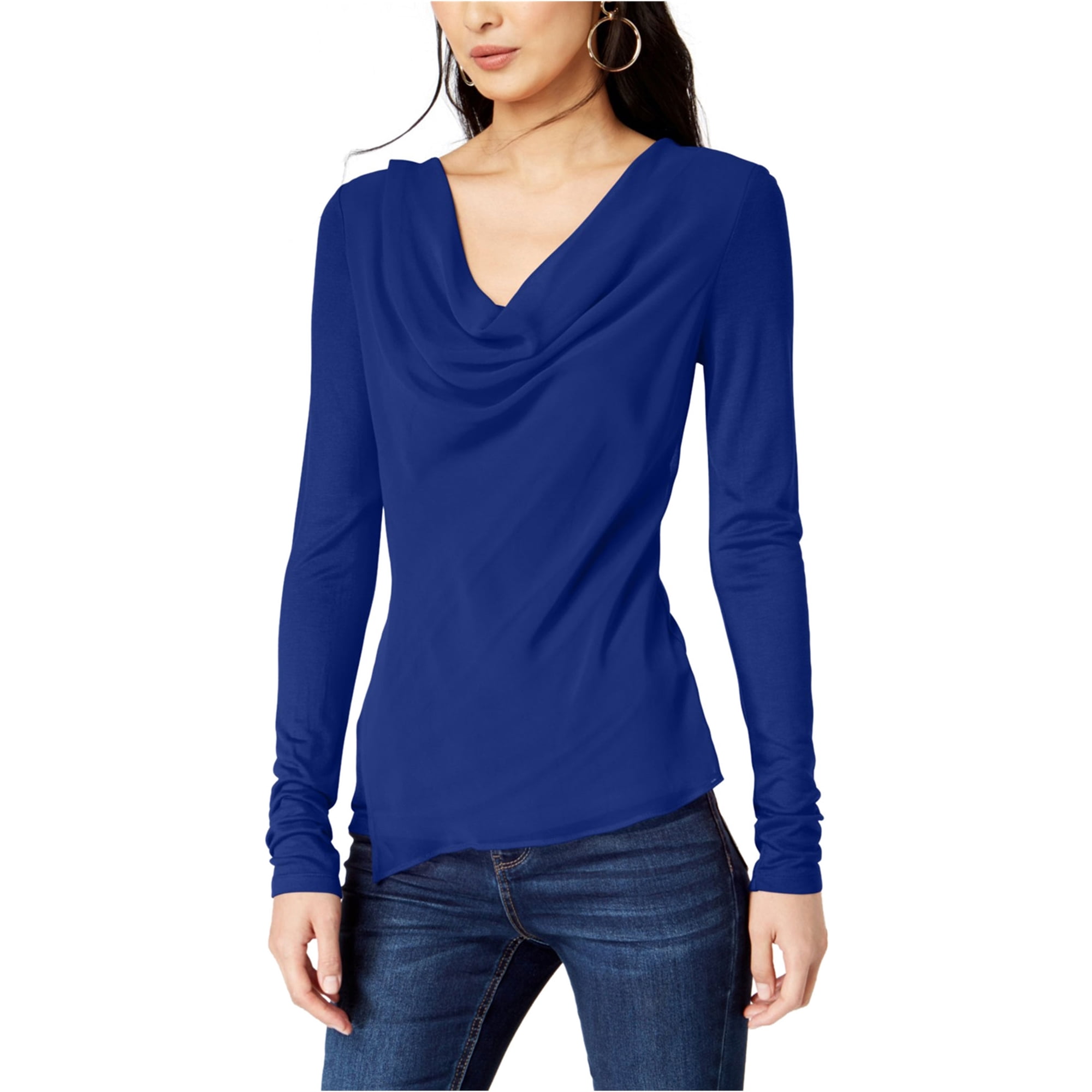 INC Womens Cowl Neck Pullover Blouse, Blue, Large