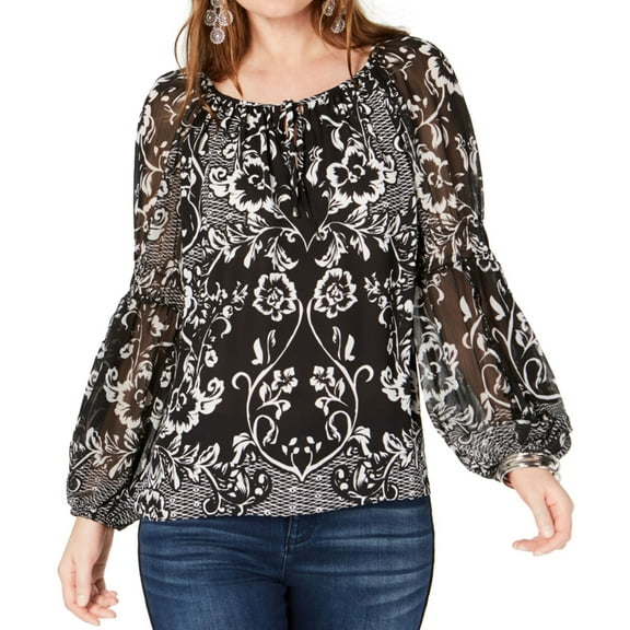 I.N.C Womens Crinkle Sleeve Pullover Blouse, Black, Small