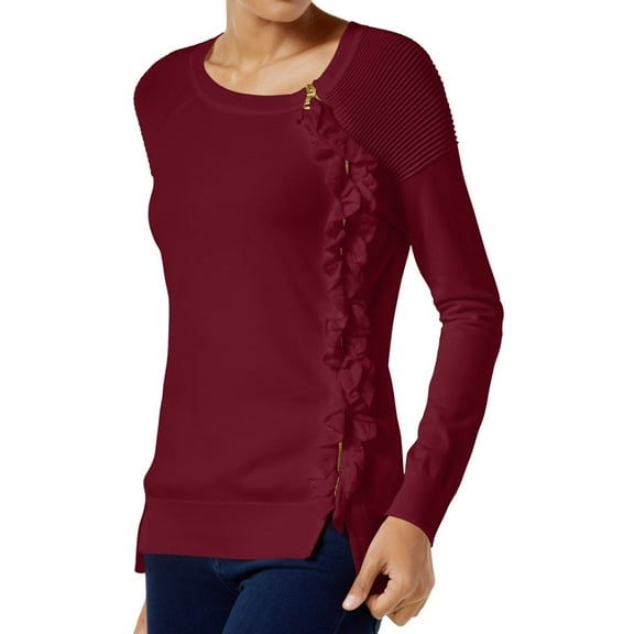 I-N-C Womens Detail Ruffle Knit Sweater, Red, Large