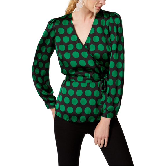 I.N.C Womens Dot Print Wrap Blouse, Green, Large