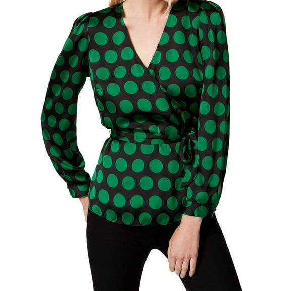 I.N.C Womens Dot Print Wrap Blouse, Green, Small