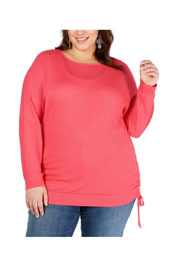 I.N.C Womens Drawstring Pullover Sweater, Pink, Plus Size, 1X