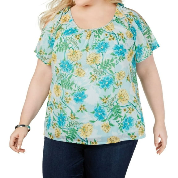 I.N.C .Womens Plus Size Cold-Shoulder Blue Floral Embellished Blouse Spring Magnolia 1X
